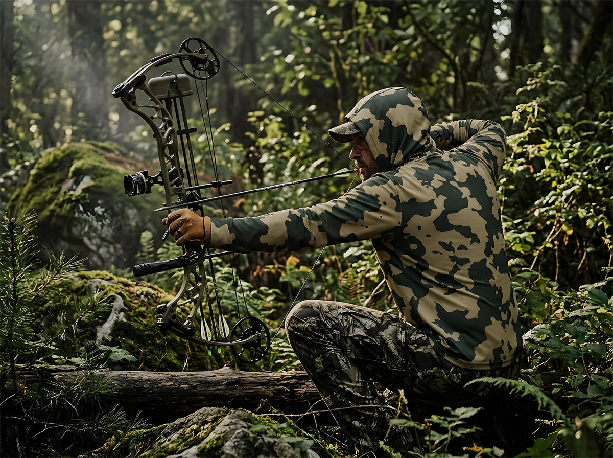 Bowhunter kneeling at full draw in a misty green forest, wearing an Origin Gear Co. hooded camo performance shirt with a tan and dark-green pattern.