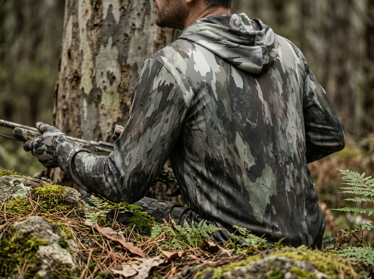 Rear view of a hunter seated against a tree in mossy woods, showing the back and hood of an Origin Gear Co. camo performance hoodie in muted green, gray, and brown bark tones.