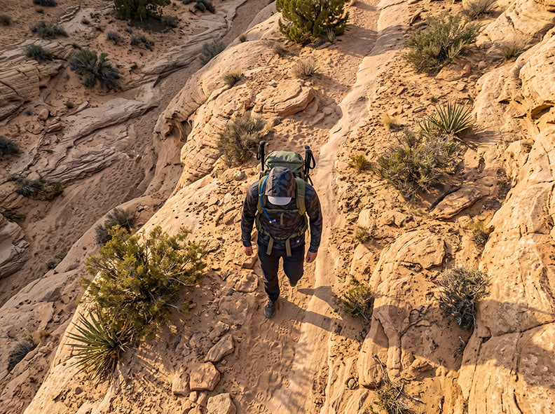 Overhead view of a backpacker with a green pack hiking a narrow sandstone ledge in high desert terrain, wearing a camo long-sleeve Origin Gear Co. performance shirt in warm afternoon light.